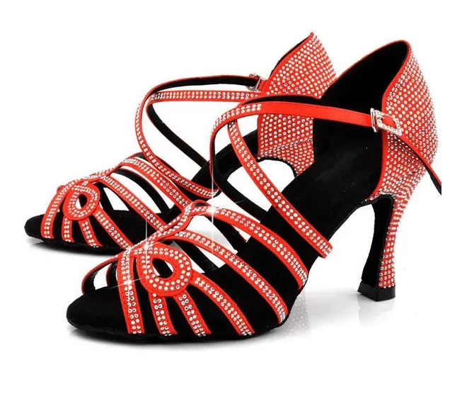 Formal Dress Footwear Salsa Shoes Womens Red Rhinestone Latin Dance Shoes