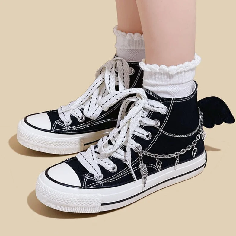 Comfortable Snow Boots Womens Mens Students Metal Chain Bat High Top Canvas Sneakers