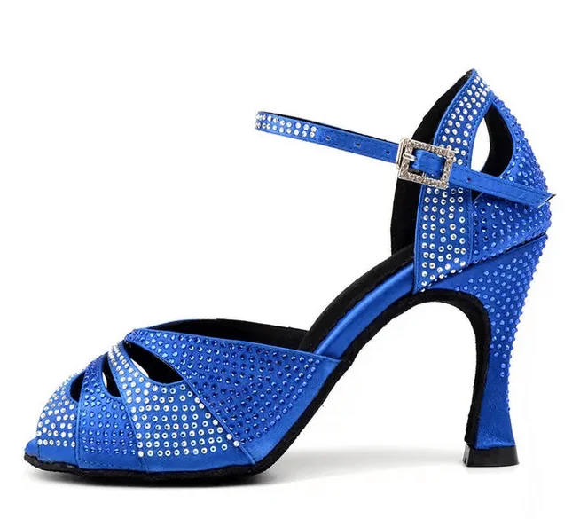 Stylish Boots For Work Ballroom Dance Shoes for Women Blue Rhinestone Latin Shoes