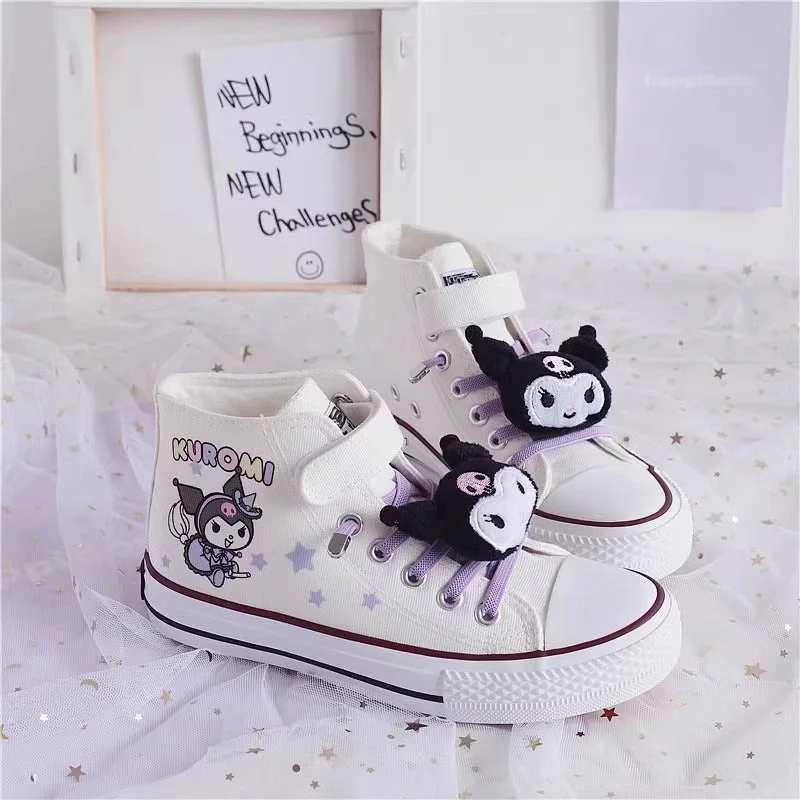 Comfortable Loafers For Work Kids Cartoon Pattern Velcro High Top Canvas Kuromi Girls Shoes