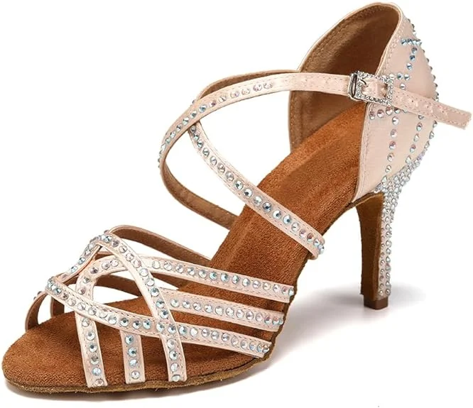 Comfortable Heeled Shoes Sparkly Dance Shoes Nude Rhinestone for Salsa Latin Bachata Dance