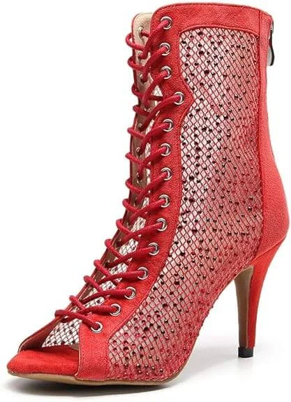 Trendy Platform Sneakers Red Dance Boots Rhinestone High Heels Dance Shoes