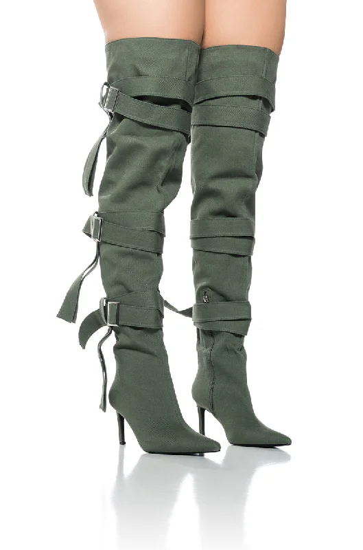 Formal Leather Shoes AZALEA WANG RICHMOND STRAPPY UTILITY THIGH HIGH BOOT IN GREEN