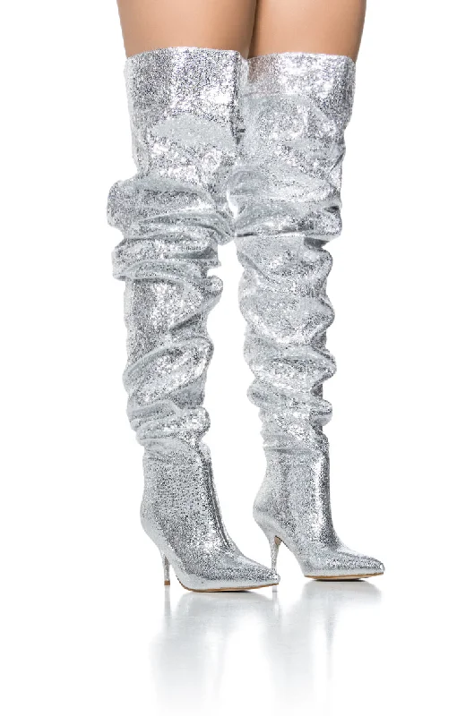 Durable Work Boots AZALEA WANG SEIRA SCRUNCHED METALLIC THIGH HIGH BOOT IN SILVER