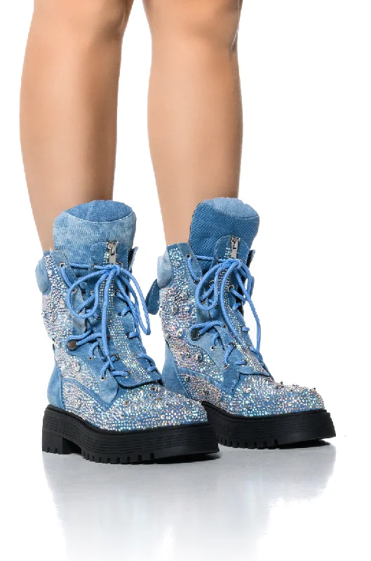 Formal Dress Footwear AZALEA WANG TRUFFLED DENIM EMBELLISHED COMBAT BOOTIE