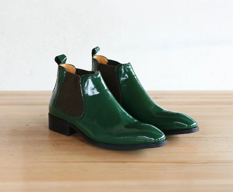 Black Dress Shoes Shiny Calfskin Slip-On Boot Green