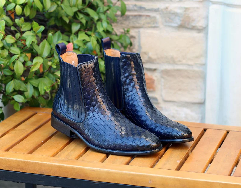 Comfortable Formal Footwear Woven Calfskin Slip-On Boot Blue