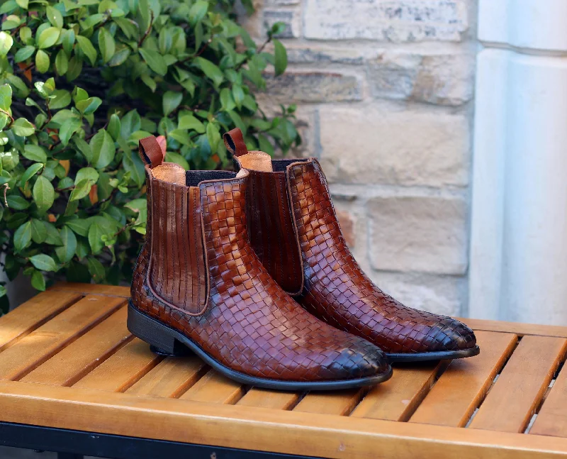 Best Hiking Shoes Woven Calfskin Slip-On Boot Cognac