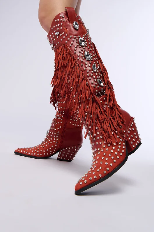 Best Running Footwear AZALEA WANG TADAO RED EMBELLISHED WESTERN BOOT