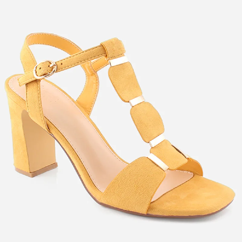 Stylish Winter Footwear Women "ROSE" Block T-Strap Buckle Closure Slip On Block Heel Sandals