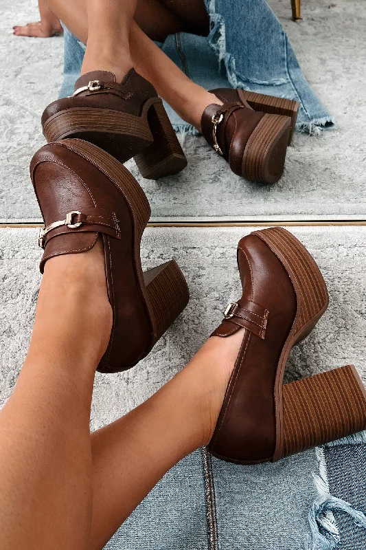 Trendy Summer Sandals Success Will Follow Platform Heeled Penny Loafer (Brown PU)