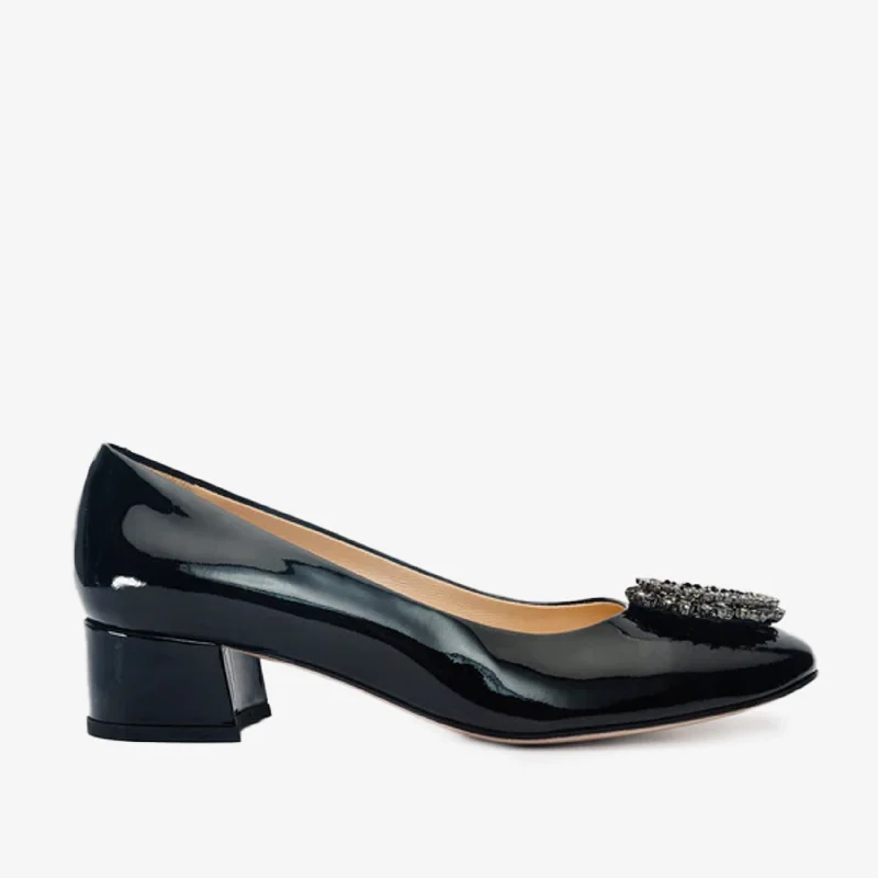 Outdoor Shoes Collection The Danish Black Patent Leather Block Heel Pump Women Shoe