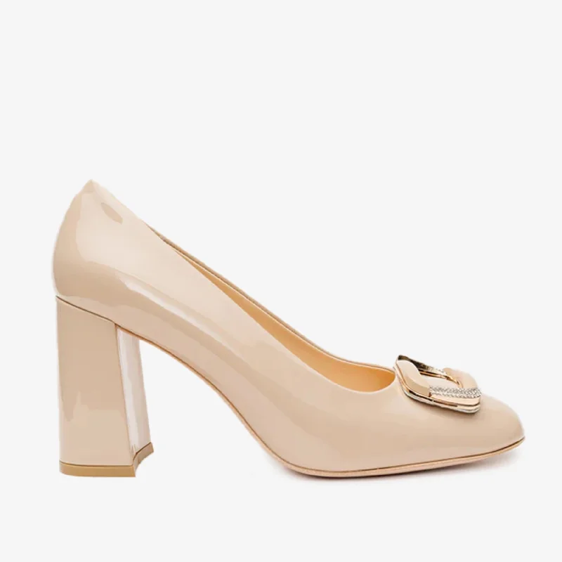 Best Formal Shoes Online The Ferrara Cream Patent Leather Block Heel Pump Women Shoe