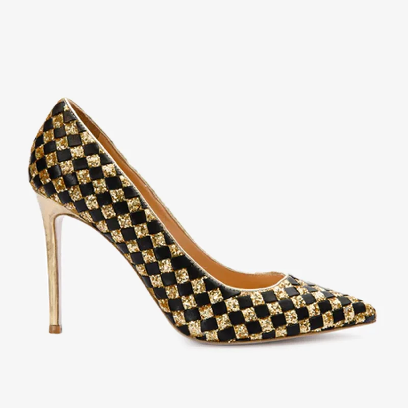 Stylish Running Footwear The Saks Tory Gold & Black Handwoven Leather Pump Women Shoe