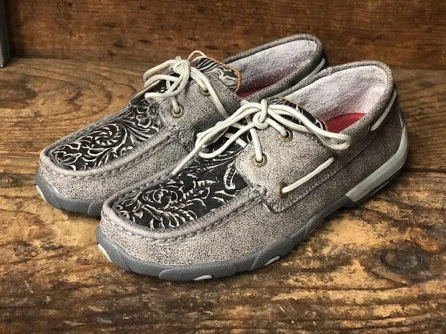 Twisted X Women's Grey Tooled Boat Shoe Driving Mocs WDM0130