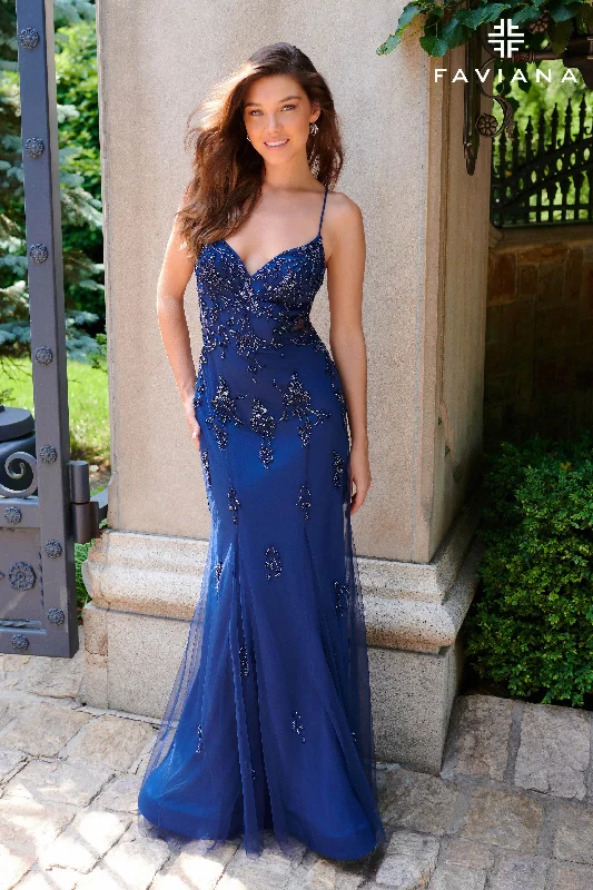 Floor-Sweeping Gown Beaded Lace Long V Neck Dress With See-Through Mesh Paneling | 11227 Floor-Sweeping Gown Beaded Lace Long V Neck Dress With See-Through Mesh Paneling | 11227