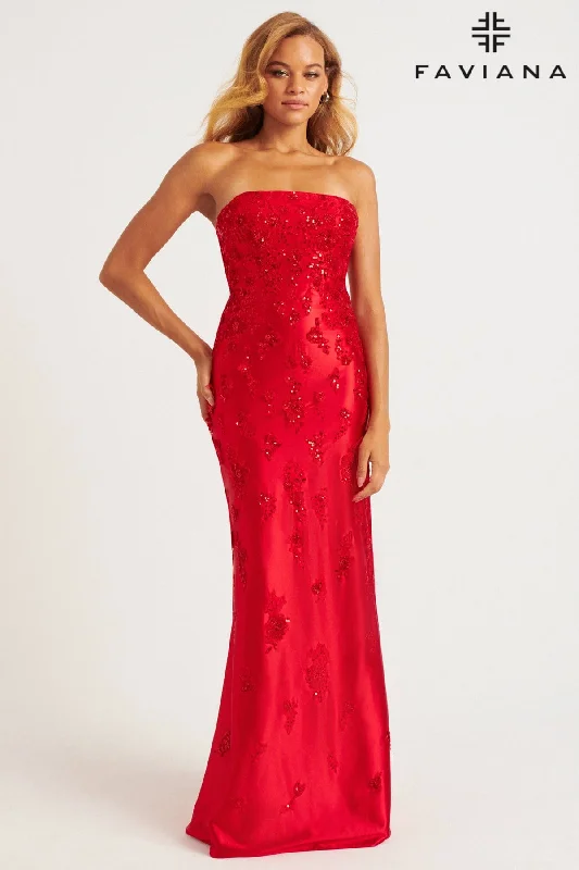 Maxi Formal Dress Strapless Satin Appliqué Dress With Side Slit | 11228