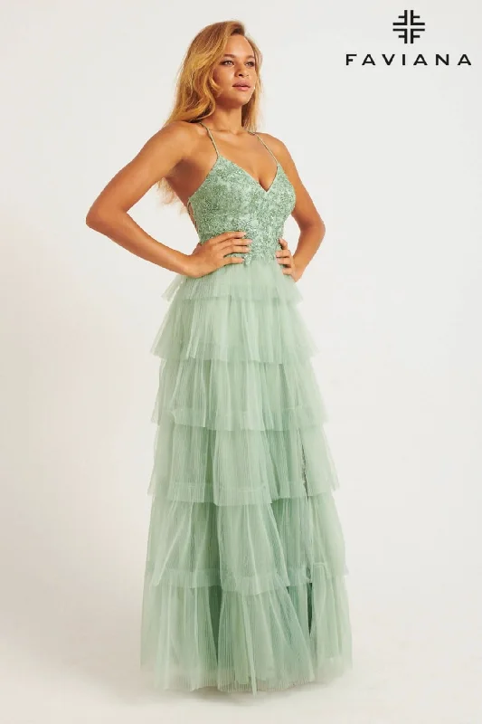 Drape Sleeve Dress Tiered Pleated Tulle Long Dress With Lace V-Neck Bustier | 11231