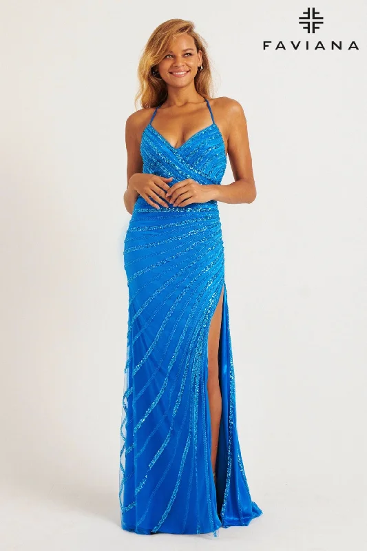 Halter Neck Dress Bright Linear Beaded V-Neck Long Dress | 11242