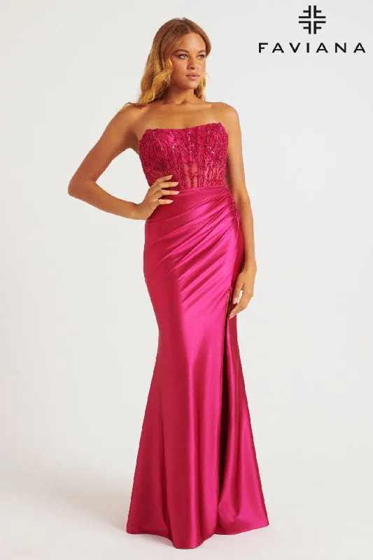 Ruffled Dress Exposed Boning Strapless Satin Corset Dress With Embroidered Appliqué | 11246 Ruffled Dress Exposed Boning Strapless Satin Corset Dress With Embroidered Appliqué | 11246
