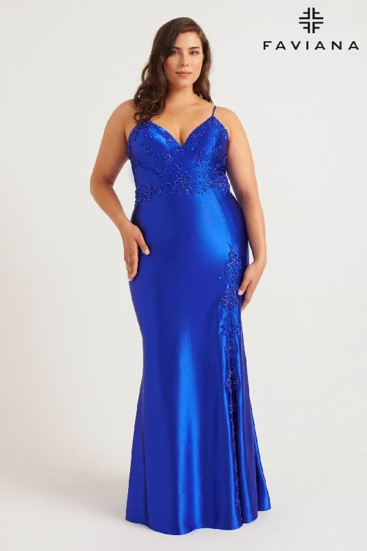 Slit Gown Plus Size Sleek Satin V-Neck Dress For Prom With Beading | 9562