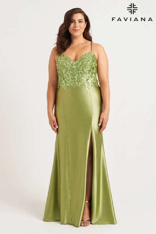 High Neck Dress Plus Size Stretch Satin Gown With Bustier Sequin Appliqué | 9563