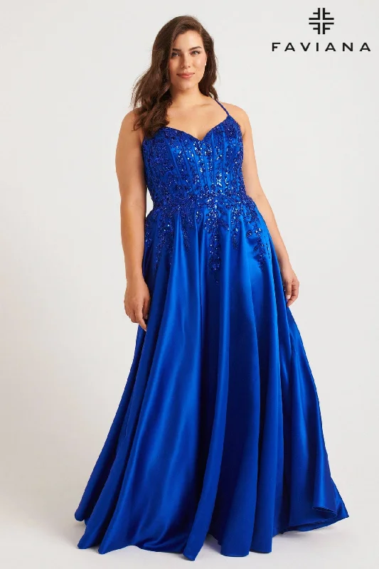 Vintage Gown Plus Size Corset A-Line Charmeuse Gown With Lace-Up Back And Pockets | 9575 Vintage Gown Plus Size Corset A-Line Charmeuse Gown With Lace-Up Back And Pockets | 9575