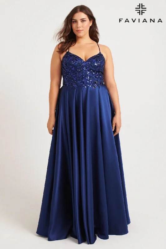 Vintage Lace Dress Plus Size V-Neck Silky Gown With Sequin Appliqué Bodice | 9578