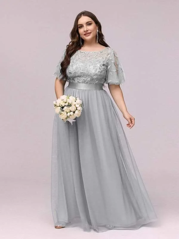 Floor-Length Dress Short Sleeve Formal Dress Sale Silver 5XL