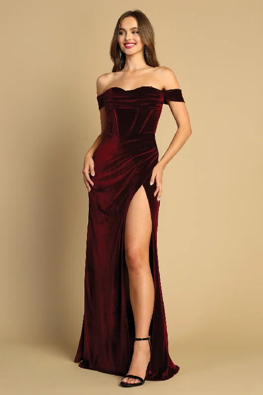 Perfect Prom Dress AD 3131 - Stretch Velvet Off the Shoulder Fit & Flare Prom Gown with Cowl Neck Boned Bodice & Leg Slit Perfect Prom Dress AD 3131 - Stretch Velvet Off the Shoulder Fit & Flare Prom Gown with Cowl Neck Boned Bodice & Leg Slit