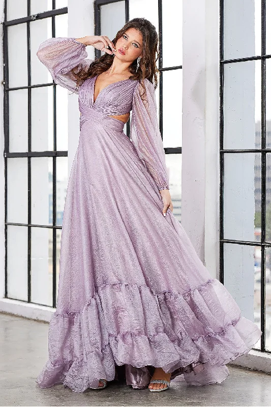 Show-Stopping Evening Gown AD 3149 - Long Sleeve Flowy A-Line Formal Gown with Pleated Bodice Cut Out Sides & Open Lace Up Corset Back Show-Stopping Evening Gown AD 3149 - Long Sleeve Flowy A-Line Formal Gown with Pleated Bodice Cut Out Sides & Open Lace Up Corset Back