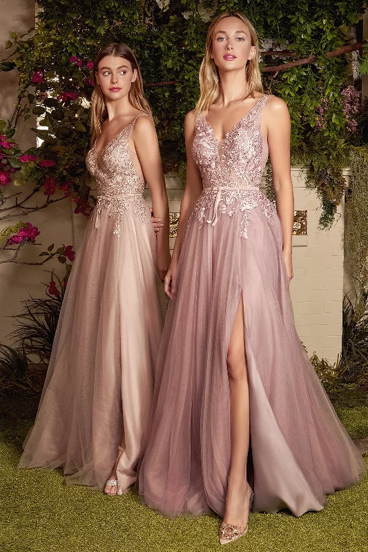 Classic Gown ANDREA & LEO A1045 Embroidered V-Neck Tulle A Line Dress
