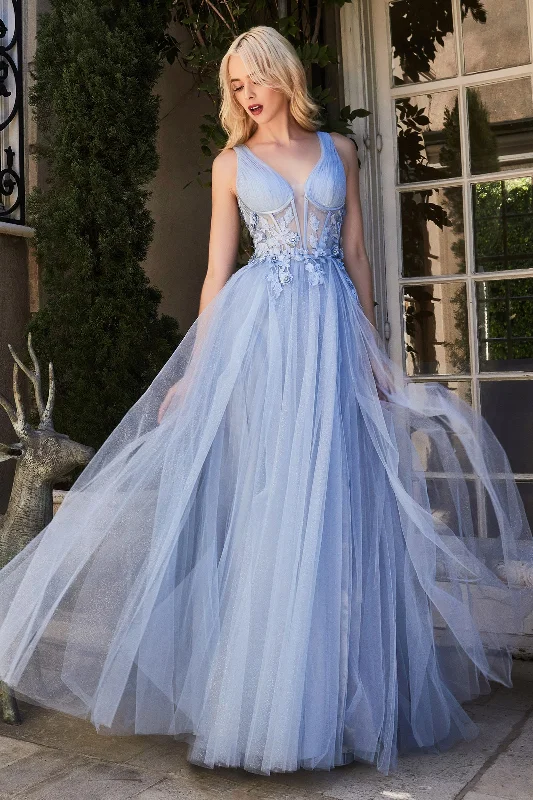 Winter Ball Gown ANDREA & LEO A1057 Floral Plung Bodice V Neck Tulle A Line Dress