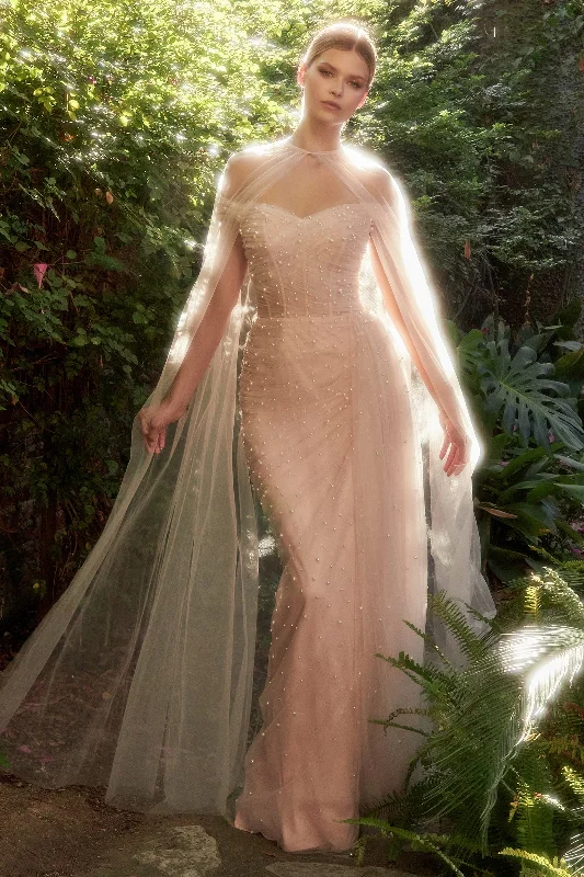 Halter Gown ANDREA & LEO A1219 Beaded Off Shoulder With Cape Fitted Dress