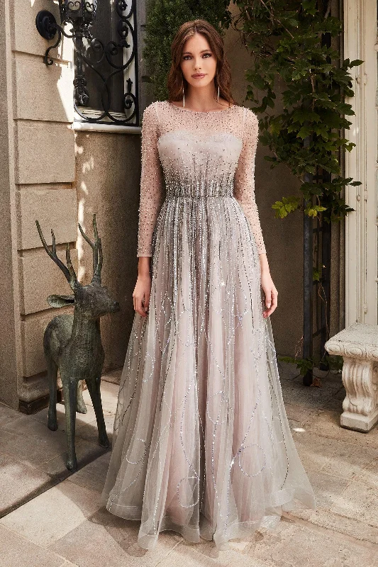 Deep V-Neck Dress Cinderella Divine B701 Beaded Long Sleeve Flowy Prom Dress
