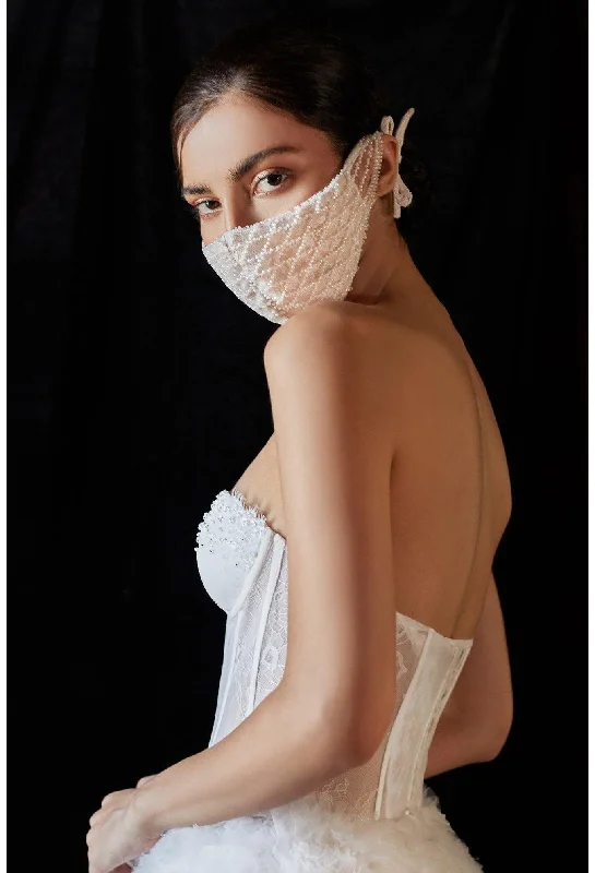 Elegant Gown Cinderella Divine CDMK03W Beaded Off White Nude Formal Face Mask