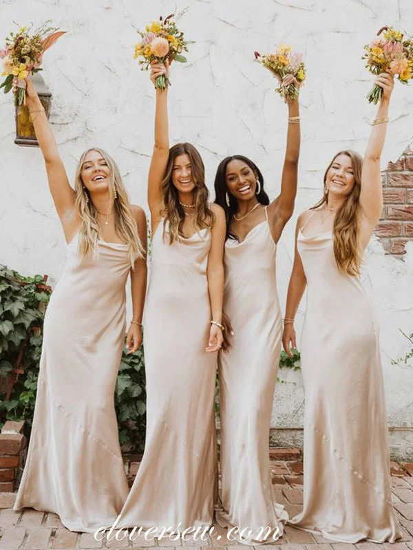 Rhinestone Embellished Dress Beigi Spaghetti Strap Column Simple Elegant Long Bridesmaid Dresses, CB0291