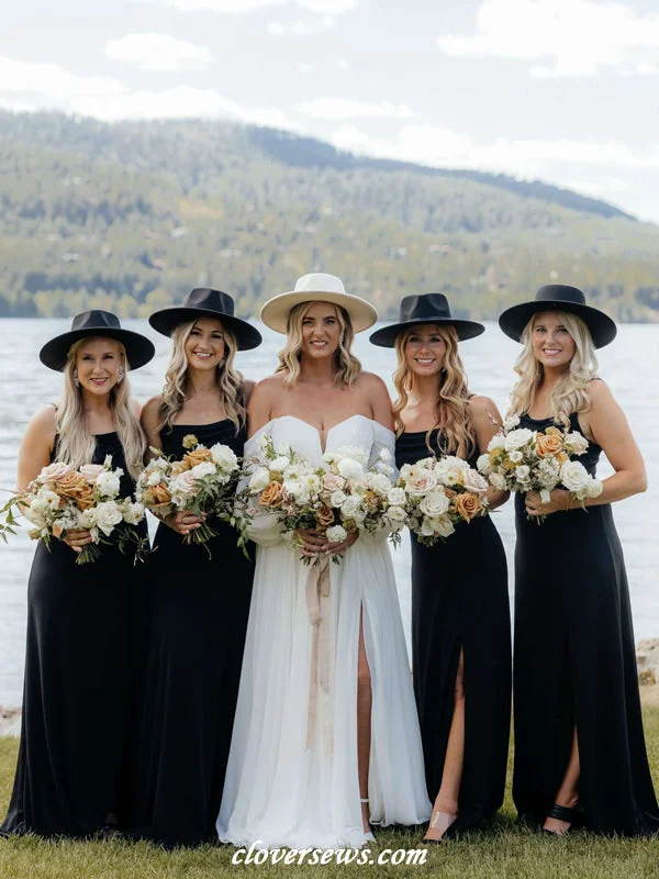 Backless Dress Black Elastic Satin Spaghetti Strap Side Slit Long Bridesmaid Dresses, CB0325 Backless Dress Black Elastic Satin Spaghetti Strap Side Slit Long Bridesmaid Dresses, CB0325