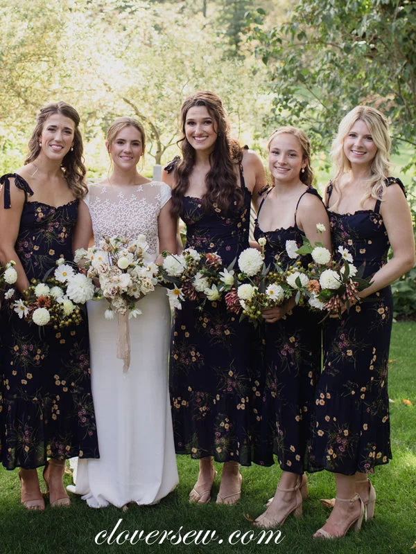 Ball Gown Black Floral Chiffon Sleeveless Column Tea Length Bridesmaid Dresses, CB0287