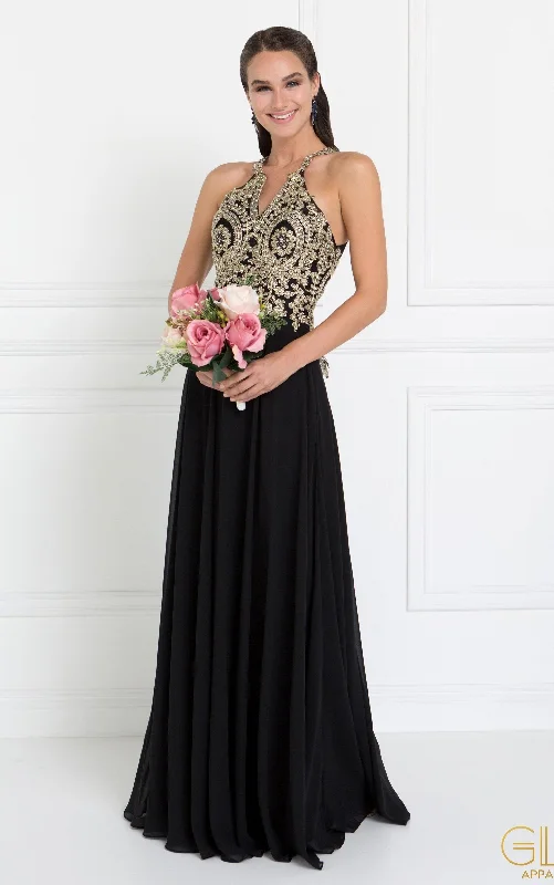 Pearl Embellished Gown Long Open Back Chiffon Dress by Elizabeth K GL1526