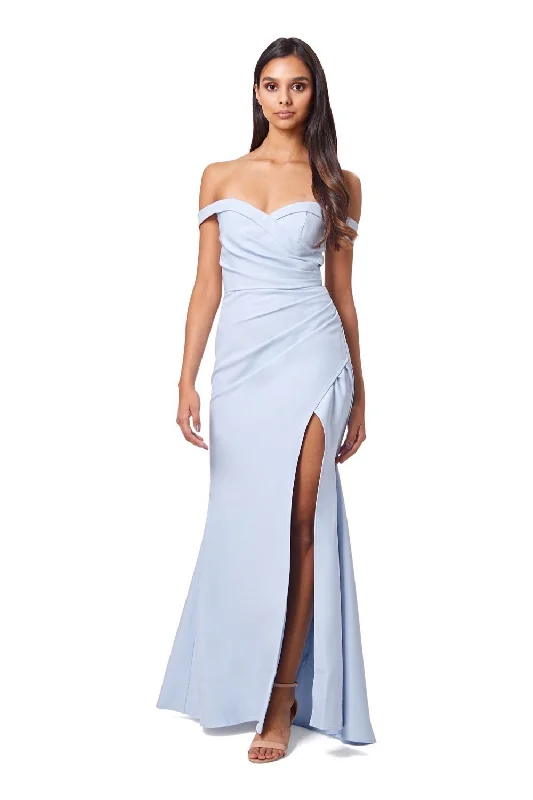 Party Dress Bluebell Bardot Maxi Dress With Thigh Split And Button Back