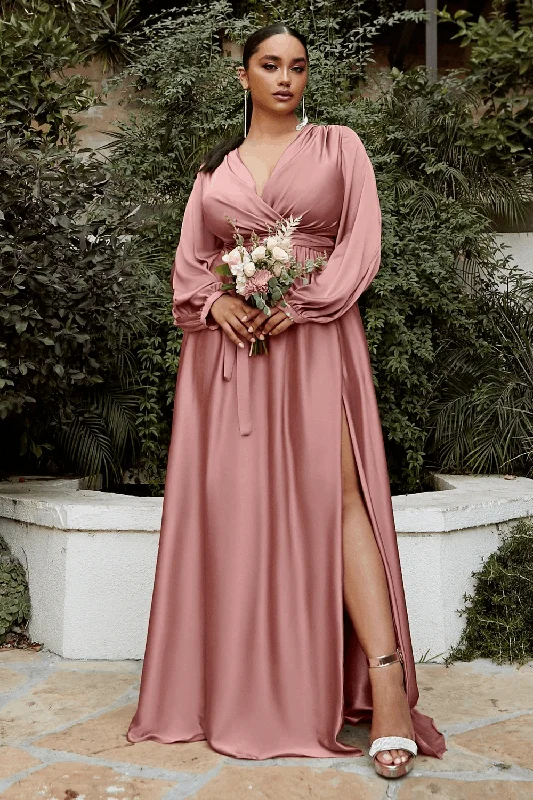 Fringe Gown CD 7475C -Plus Size Split Bloused Long Sleeve Satin Pleated Wrap Dress With Deep V-Neck & High Leg Slit Fringe Gown CD 7475C -Plus Size Split Bloused Long Sleeve Satin Pleated Wrap Dress With Deep V-Neck & High Leg Slit