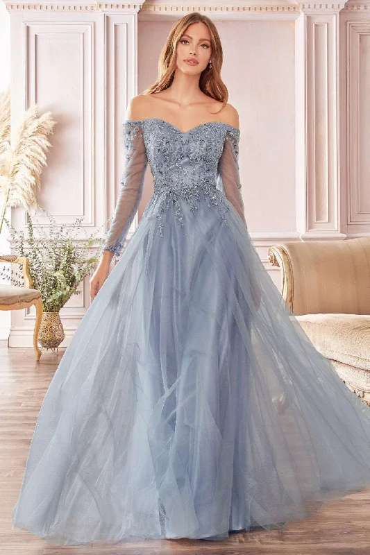 Applique Gown CD CD0172 - A Line Off the Shoulder Prom Gown with Long Sleeves & Sweetheart Neckline Applique Gown CD CD0172 - A Line Off the Shoulder Prom Gown with Long Sleeves & Sweetheart Neckline
