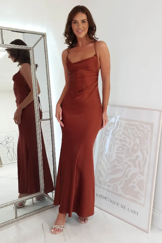 Illusion Neckline Dress Celeste Satin Chain Detail Maxi Dress | Rust