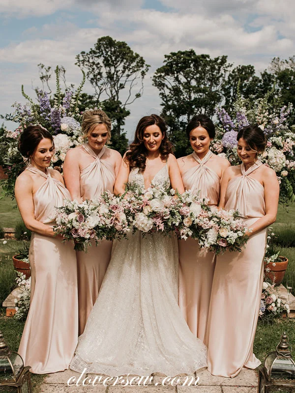 Satin Gown Champagne Halter Open Back Elegant Column Long Bridesmaid Dresses, CB0286