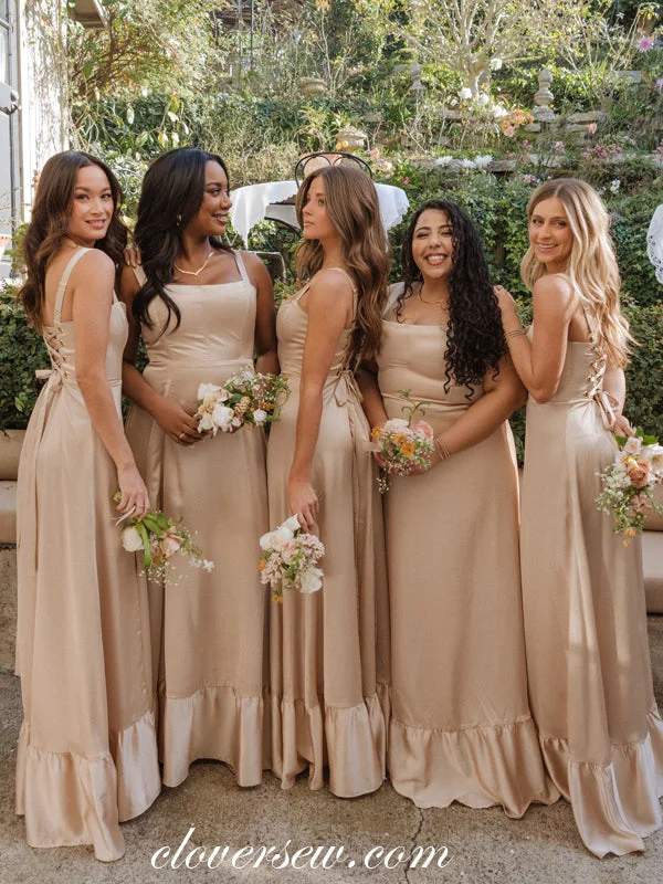 Sweetheart Neckline Dress Champagne Satin Square Neck Sleeveless Column Long Bridesmaid Dresses, CB0292