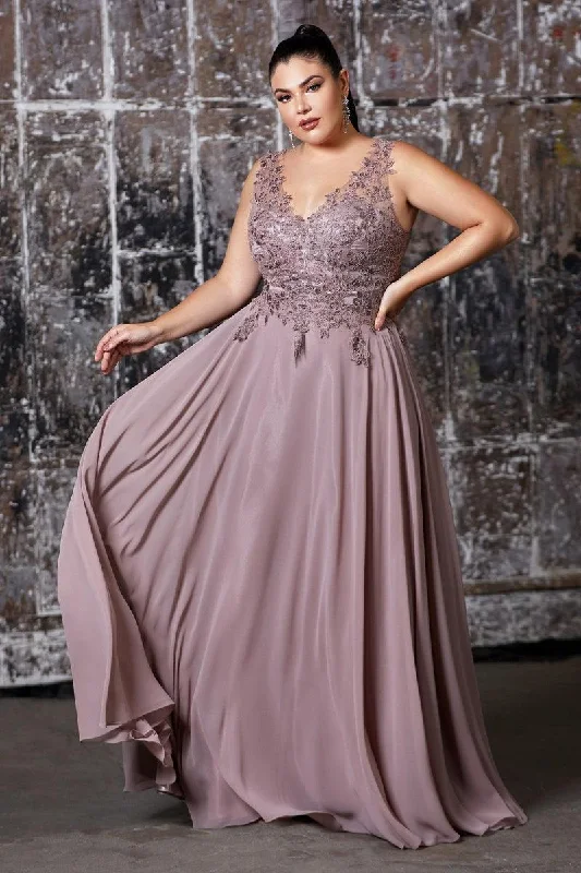 Rose Gold Dress Cinderella Divine CD9177 Long Chiffon V-Neck Prom Sleeveless Formal Dress