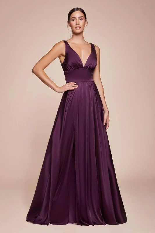 Deep V-Neck Dress Cinderella Divine - 7469 Sleeveless V Neck Flowing Satin Gown