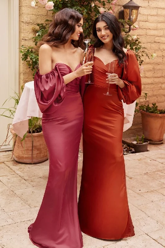 Classic Evening Dress CINDERELLA DIVINE 7482 Fitted Billowy Sleeve Satin Dress with Slit