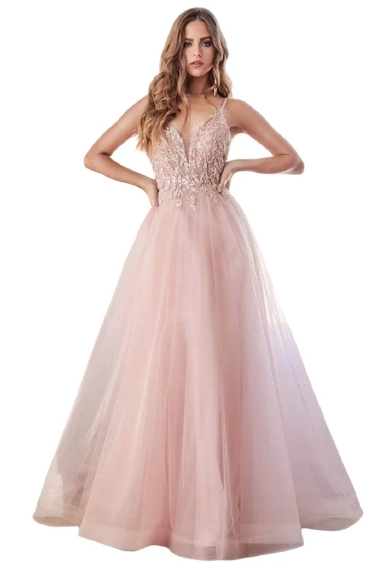 Luxe Satin Dress Cinderella Divine - CD0154 Plunging Beaded Appliqued Tulle Dress